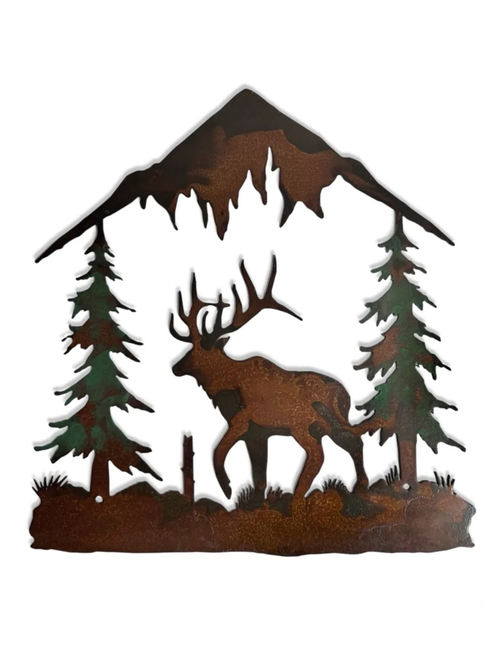 Rustic Elk Metal Wall Art with Trees and Mountains Rust-Finished